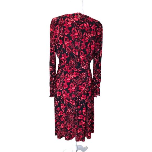 Tommy Hilfiger Long‎ Sleeve Midi Dress Faux Wrap V-neck Floral Red Black Elegant - Picture 2 of 16